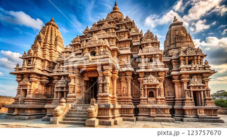 The image shows a large, elaborately carved stone temple with multiple towers and intricate details against a blue sky with white clouds. The image shows a large, elaborately carved stone temple with multiple towers and intricate details against a blue sky with white clouds. 123757670