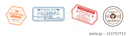 Collection of Colorful Travel Stamps from Various Countries 123757715