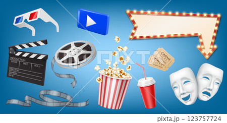 Cinema and movie industry icons set with 3D elements 123757724