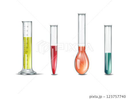 Various Laboratory Glassware with Colored Liquids Various Laboratory Glassware with Colored Liquids 123757740