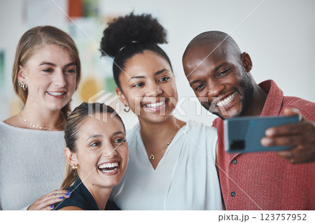 Phone selfie, workplace diversity and team building happy together on break time. Positive, cheerful work environment with smiling men and women in office for company internet social media post Phone selfie, workplace diversity and team building happy together on break time. Positive, cheerful work environment with smiling men and women in office for company internet social media post 123757952