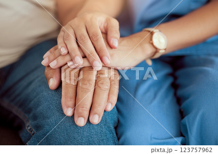 Support, trust and hands, a couple in therapy or marriage counseling session. Love, care and understanding between man and woman together. Hope, empathy and help in a time of need for mental health. 123757962