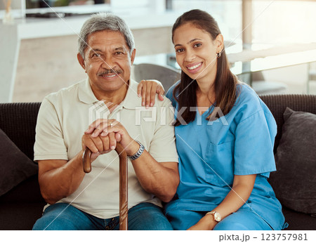 Nurse, portrait and senior man bonding, sitting on sofa during a checkup at assisted living facility. Elderly care, support and nursing with young woman caregiver help, retirement and treatment 123757981