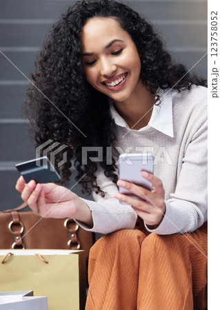 Online shopping, payment and customer with phone and credit card for fintech online payment of sale product. E commerce banking, digital retail and black woman happy with gift card financial purchase 123758052