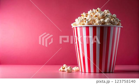 A red and white striped popcorn bucket filled with popcorn sits on a pink 123758140