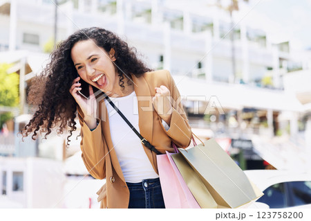 Happy woman call in city, excited shopping customer talking wow and New York goals celebration. Black friday sale in retail store, girl winner scream yes on smartphone and ecommerce discount success Happy woman call in city, excited shopping customer talking wow and New York goals celebration. Black friday sale in retail store, girl winner scream yes on smartphone and ecommerce discount success 123758200