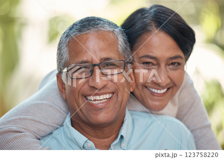 Love, retirement couple and portrait hug with happy smile and romantic embrace in garden. Married, senior and latino people in relationship commitment together with care and support. 123758220