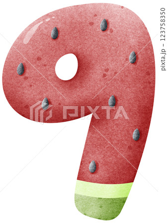 Watercolor cartoon doodle number with watermelon pattern, number hand drawn. for school worksheet, card, template, kids PNG 123758350
