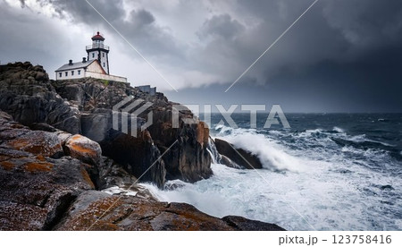 A lone, weathered lighthouse standing on a rugged clifftop, waves crashing against the rocks below, a stormy sky above. A lone, weathered lighthouse standing on a rugged clifftop, waves crashing against the rocks below, a stormy sky above. 123758416