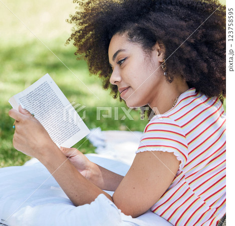 Black woman reading book, relax in park and picnic blanket with novel in nature. Education, learning and female student in Brazil in college or university campus on grass field studying with textbook Black woman reading book, relax in park and picnic blanket with novel in nature. Education, learning and female student in Brazil in college or university campus on grass field studying with textbook 123758595