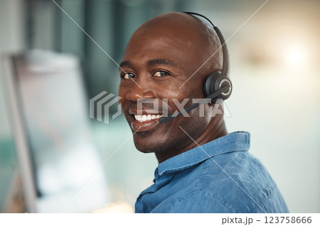 Telemarketing customer service, happy black man and communication in digital transformation success. Portrait of consultant smile in call center, online help desk and business call in support iot Telemarketing customer service, happy black man and communication in digital transformation success. Portrait of consultant smile in call center, online help desk and business call in support iot 123758666