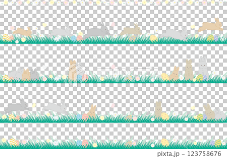 Easter eggs and rabbits on a meadow, line material, transparent background Easter eggs and rabbits on a meadow, line material, transparent background 123758676