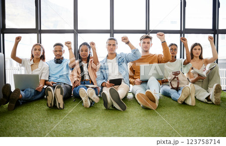 Young people, diversity and with fist in air for protest, solidarity and being serious or sign of stand together. Iran woman, students and with digital devices for online climate justice and movement 123758714