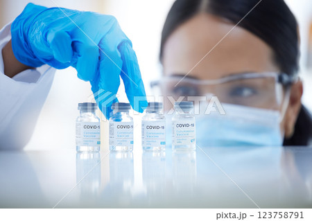 Doctor, vaccine and covid 19 in lab, hospital or clinic for safety, health and wellness against virus. Woman, medic and ppe at work in science for vaccination, healthcare and cure for coronavirus Doctor, vaccine and covid 19 in lab, hospital or clinic for safety, health and wellness against virus. Woman, medic and ppe at work in science for vaccination, healthcare and cure for coronavirus 123758791