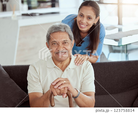 Portrait of senior man, nurse and caregiver in nursing home for healthcare, support and disability rehabilitation help. Elderly, happy and disabled patient with smile medical therapist in retirement 123758814
