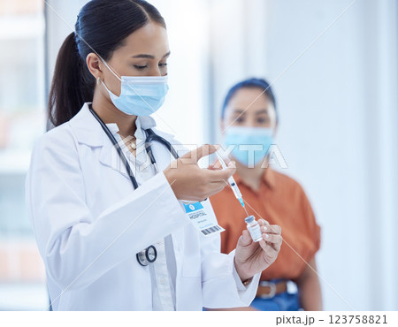 Covid vaccine, healthcare and doctor consulting with a patient at a hospital. Nurse, medical employee and worker helping a woman with safety from virus with medicine and liquid with face mask Covid vaccine, healthcare and doctor consulting with a patient at a hospital. Nurse, medical employee and worker helping a woman with safety from virus with medicine and liquid with face mask 123758821