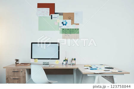 Office desk, screen mock up and creativity design fashion project management, advertising agency or marketing startup background. Computer desktop monitor mockup for productivity or software planner Office desk, screen mock up and creativity design fashion project management, advertising agency or marketing startup background. Computer desktop monitor mockup for productivity or software planner 123758844
