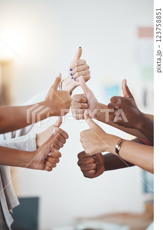 Thumbs up, hand or gesture for success, support or trust. Diverse group or team of business men or women show hands as thank you or approval to idea plan, strategy or yes for goal, target and winner 123758851