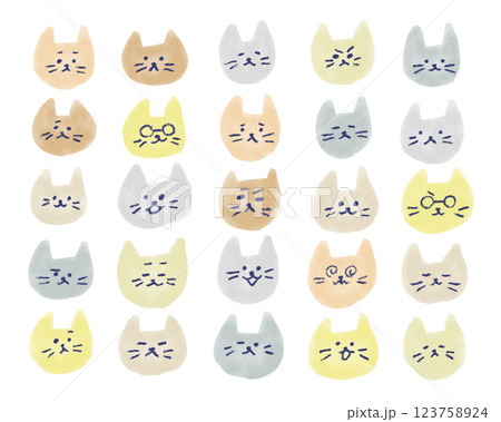 水彩アースカラー手描きイラストセット。様々な表情のデフォルメしたネコの顔 水彩アースカラー手描きイラストセット。様々な表情のデフォルメしたネコの顔 123758924