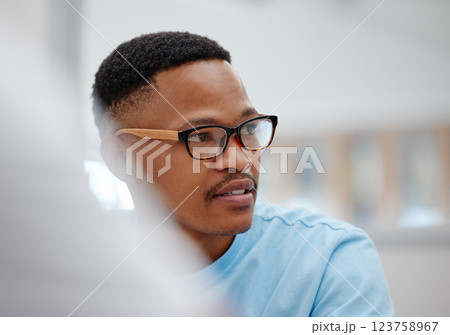 Education, university or thinking black man in classroom, learning library or school campus in South Africa. Student in college study with ideas, innovation or scholarship goals for degree or diploma 123758967