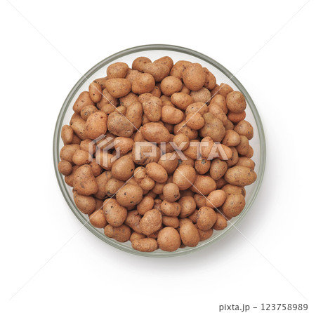 Expanded lightweight clay pebbles in glass bowl 123758989