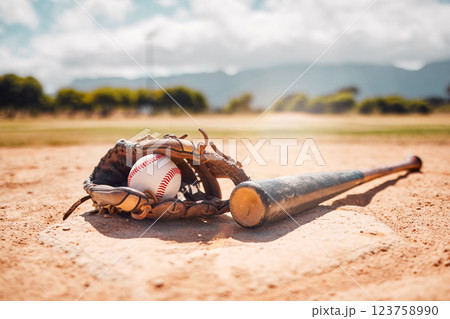Baseball, sport and empty with a bat, ball and mitt on a base plate on a pitch outdoor after a competitive game. Fitness, sports and still life with exercise equipment on the ground for training 123758990
