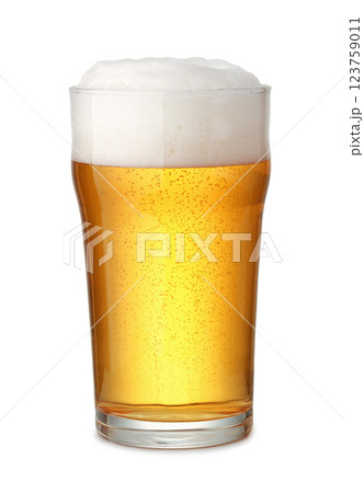 Front view of fresh beer in pint glass 123759011