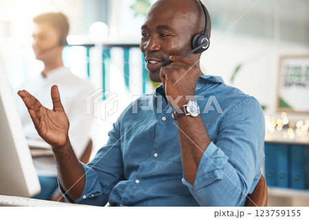 Black businessman call center conversation in office, working at help desk online telemarketing company. Customer service support, consultant talking on microphone and career success to contact us Black businessman call center conversation in office, working at help desk online telemarketing company. Customer service support, consultant talking on microphone and career success to contact us 123759155