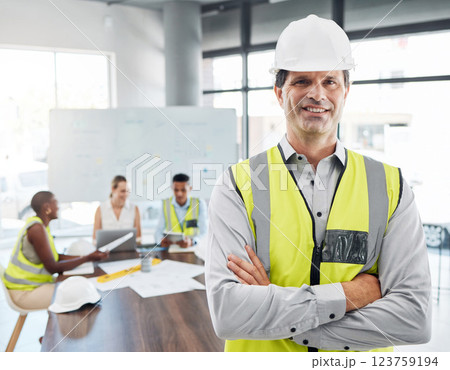 Construction worker, engineer man and architecture leader or boss with planning strategy for architecture building or construction vision. Industry development manager or contractor with leadership 123759194