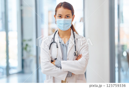 Leadership, doctor and covid face mask woman in medical corona virus healthcare, safety and protection trust hospital. Girl, vision and mission in covid 19 pandemic management innovation at clinic 123759336