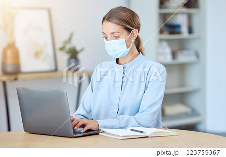 Covid, compliance or business woman with face mask working with laptop for planning or research online strategy or ideas. Virus protection or creative IT girl with schedule, SEO or software analytics 123759367