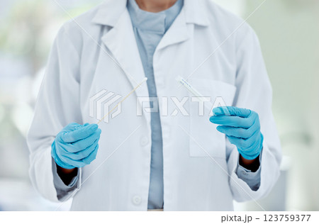 Healthcare, hand and doctor with covid test in a hospital, hands holding pcr test and swab. Research, health and innovation closeup of nurse doing analysis of corona testing results medical sample Healthcare, hand and doctor with covid test in a hospital, hands holding pcr test and swab. Research, health and innovation closeup of nurse doing analysis of corona testing results medical sample 123759377