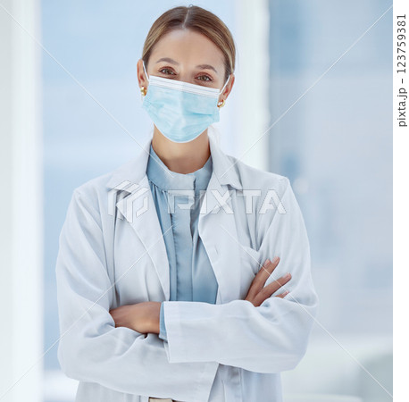 Woman, healthcare and covid face, mask rules with proud doctor working in a hospital, ready and confident. Health care professional leader work during pandemic, focused on helping sick people 123759381