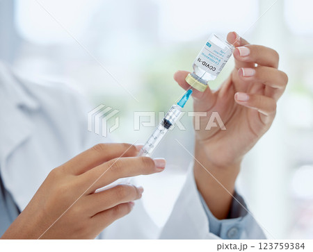 Covid, medicine and vaccine with hands of doctor holding syringe and glass vial for healthcare, pharmacy and science. Innovation, medical and research with pharmacist working on treatment for virus 123759384