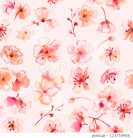 Spring watercolor seamless pattern. Watercolour florals. Pink flowers 123759408