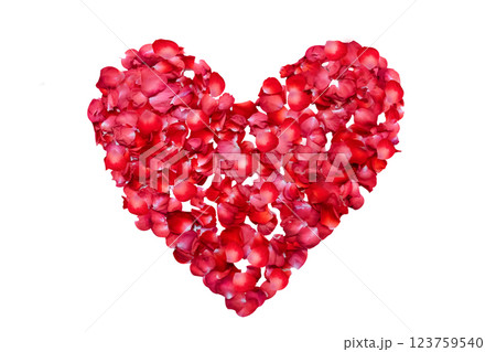 The heart is a shape of red rose petals isolated on a white background. A symbol of love and relationships, Valentine's day is the day. . A heart shape made from vibrant red rose petals, symbolizing 123759540