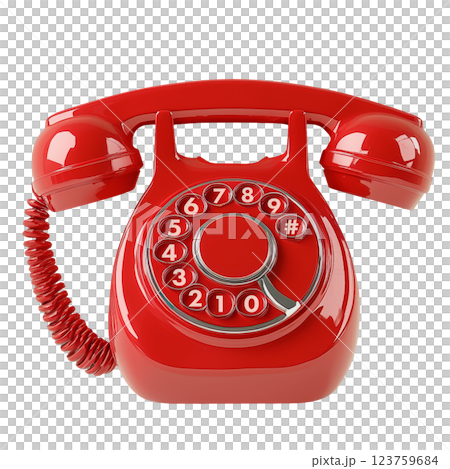 Classic red rotary telephone isolated on a transparent background. Vintage retro landline phone with a coiled cord and rotary dial, symbolizing old-fashioned communication and nostalgia. Classic red rotary telephone isolated on a transparent background. Vintage retro landline phone with a coiled cord and rotary dial, symbolizing old-fashioned communication and nostalgia. 123759684