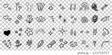 情感效果圖示。閃閃發光的星星和花朵的手繪插圖。 123759757