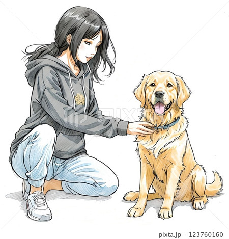 犬の散歩とパーカー女性 123760160