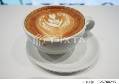 Latte Art in a Cup on a Saucer at a Cafe Dec 5 2024 123760243