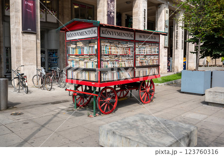 Budapest, Hungary, August 30, 2022. A book shop on a vintage cart. 123760316
