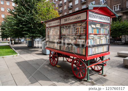 Budapest, Hungary, August 30, 2022. A book shop on a vintage cart. Budapest, Hungary, August 30, 2022. A book shop on a vintage cart. 123760317