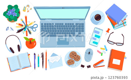 Top view vector set of workplace with laptop 123760393