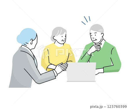 女性アドバイザーに相談するシニア夫婦ー相談ーアドバイスのビジネスシーンのベクターイラスト素材 123760399