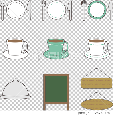 簡單可愛的餐廳餐具和招牌框架插圖集 123760420