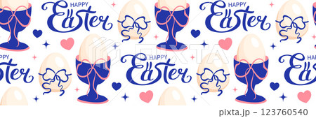 Modern Easter seamless pattern with egg cap and ribbon bow. Trendy colors blue and pink colors. Coquette Aesthetic style. Elegant vector illustration. Modern Easter seamless pattern with egg cap and ribbon bow. Trendy colors blue and pink colors. Coquette Aesthetic style. Elegant vector illustration. 123760540