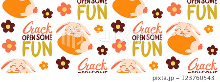 Bright Easter seamless pattern with cute rabbit on an egg. Crack open some fun lettering. Little simple flowers. Horizontal festive background for invitations. Vector flat illustration. Bright Easter seamless pattern with cute rabbit on an egg. Crack open some fun lettering. Little simple flowers. Horizontal festive background for invitations. Vector flat illustration. 123760543