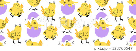 Funny Easter seamless pattern with cute yellow chick in various poses. Funny doodle character in broken egg. Horizontal festive background. Vector flat illustration. 123760547