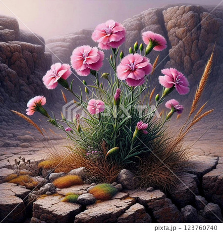 荒れた土地に可愛いナデシコ 123760740