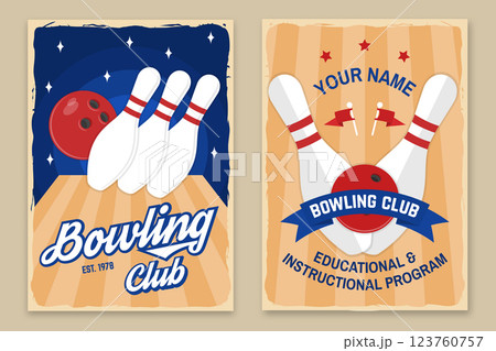Bowling sports club flyer, poster, banner design. Vintage design with professional bowling player, bowling pins and ball silhouette. Vector. 123760757